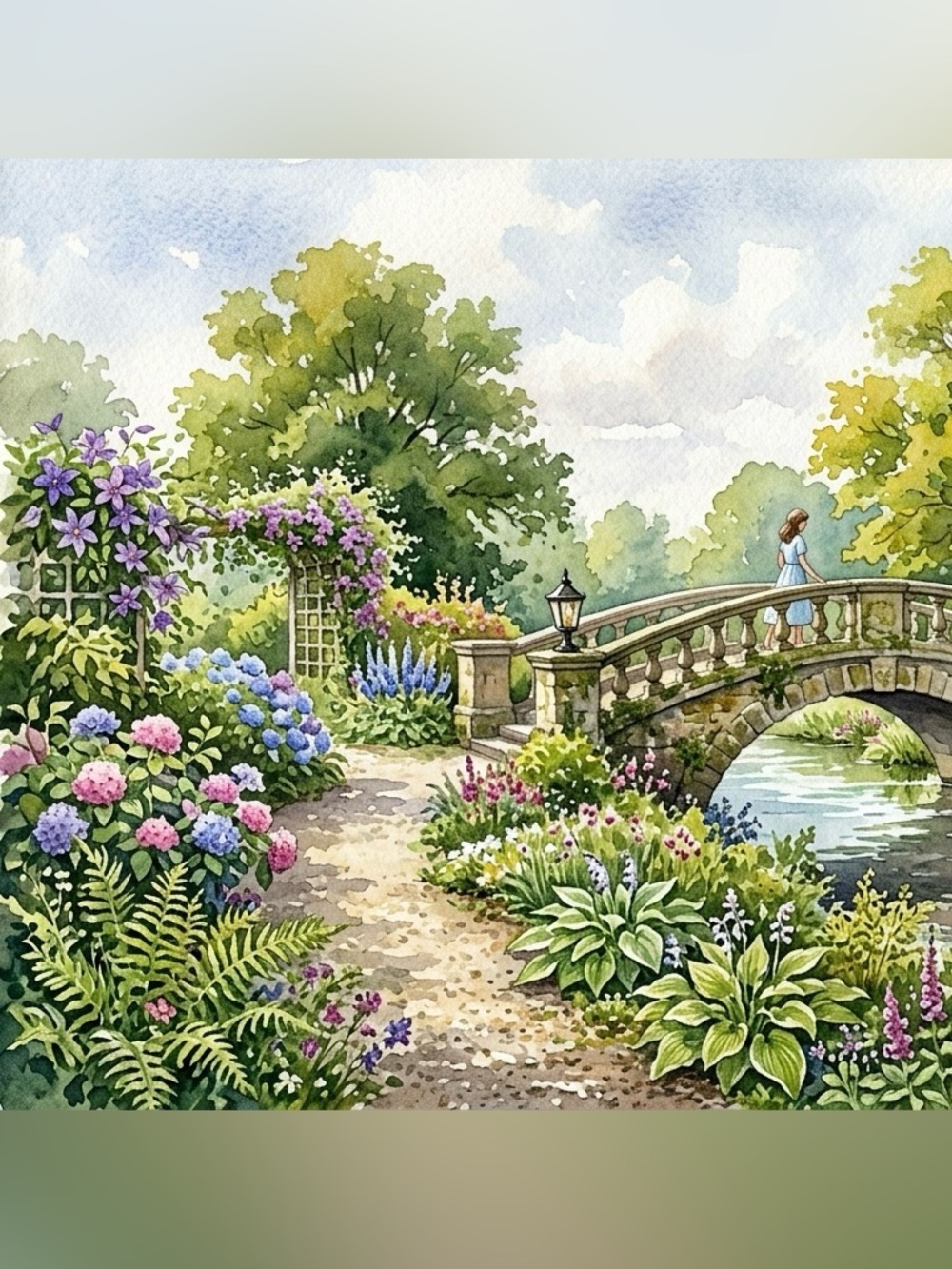 Girl Wandering Over Bridge Botanical Garden art paper print out